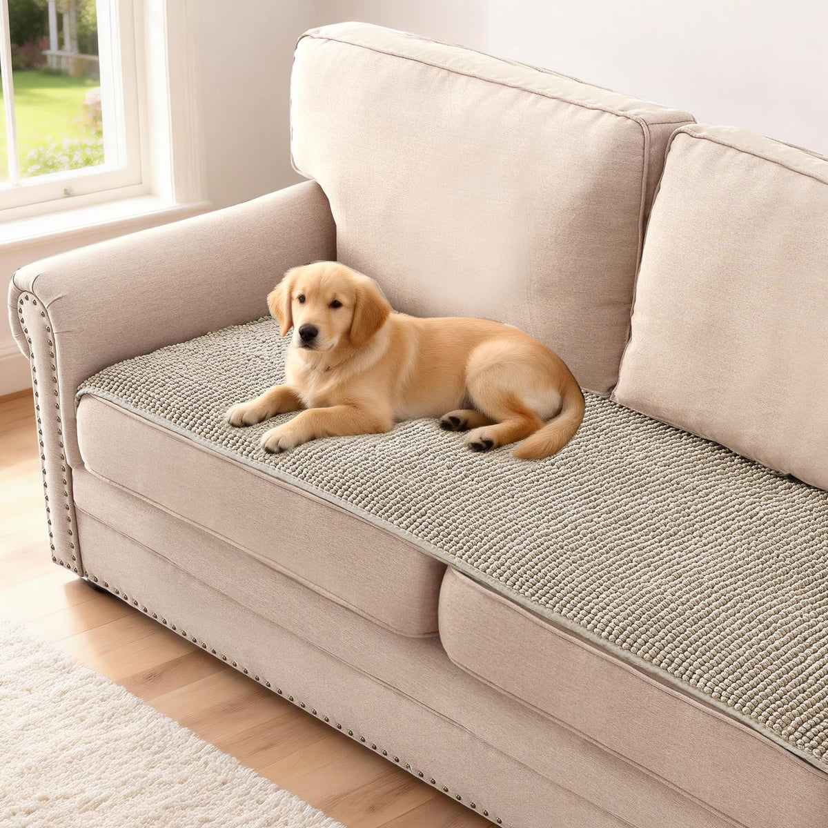 H.VERSAILTEX Plush Chenille Dog Bed Cover Thick Soft Sofa Cover for 3 Cushion Couch Anti Slip Couch Cover Furniture Protector for Dog, Pet, Cat (35" x 82", Ivory)