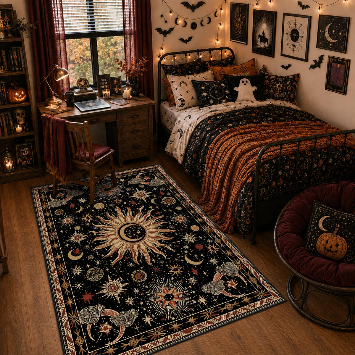 Vacuum-Friendly, 8x10 Washable Area Rug, Black Gold Beige Red
