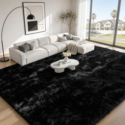 TENGTENGLINK 8x10 Fluffy Shag Area Rug Living Room Bedroom Washable Black