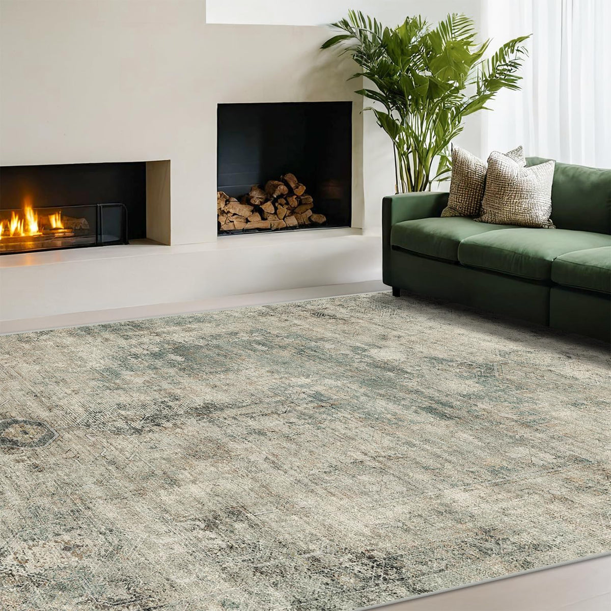 Farmhouse 8x10 Washable Area Rugs for Living Room, Neutral Taupe Brown Abstract Rug for Dining Room and Bedroom, Soft Foldable Low Pile Carpet, Stain Resistant Non-Slip Backing, Distressed Design