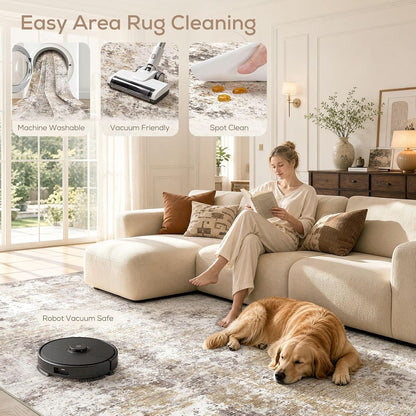 Nakagishi 10X14 Area Rugs for Living Room: Washable Modern Abstract Rug with Non-Slip Silicone Backing Low Pile Soft Carpet for Bedroom & Dining Decor Ideal for Families with Kids and Pets-Brown
