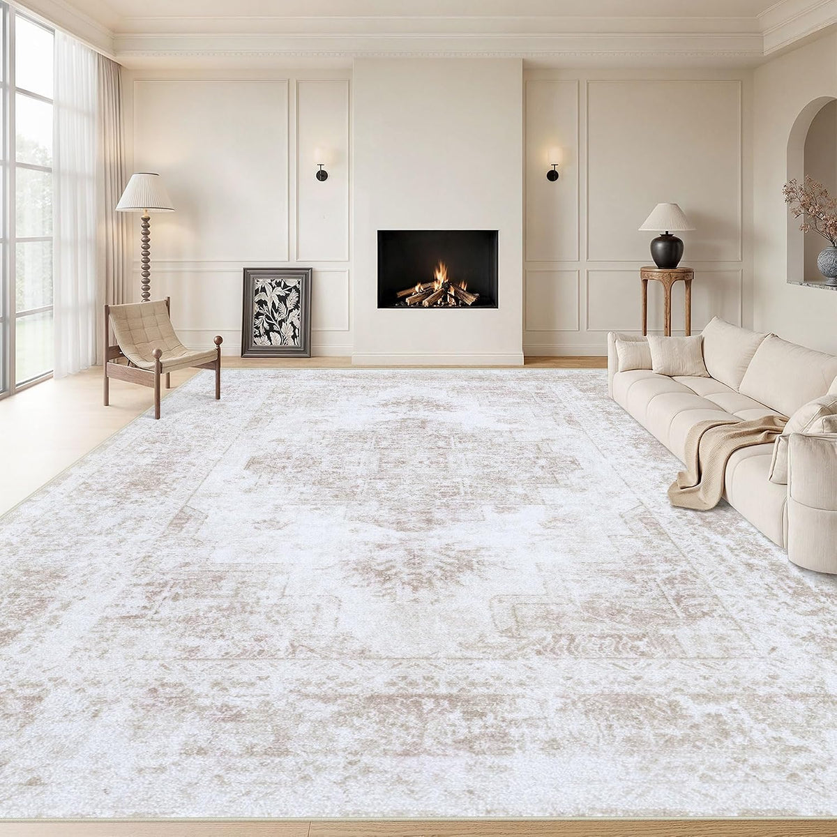 XLUEZ Area Rug 8x10 Living Room Rug, Machine Washable Vintage Distressed Medallion Rug Non-Slip Soft Low Pile Large Indoor Rugs for Bedroom Dining Room Office Children's Room (Beige,8'x10')