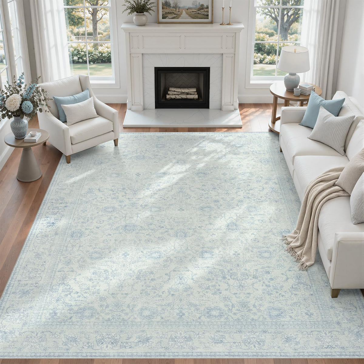 DCX 8x10 Area Rug Living Room: Washable Botanical Carpet Blue and Green