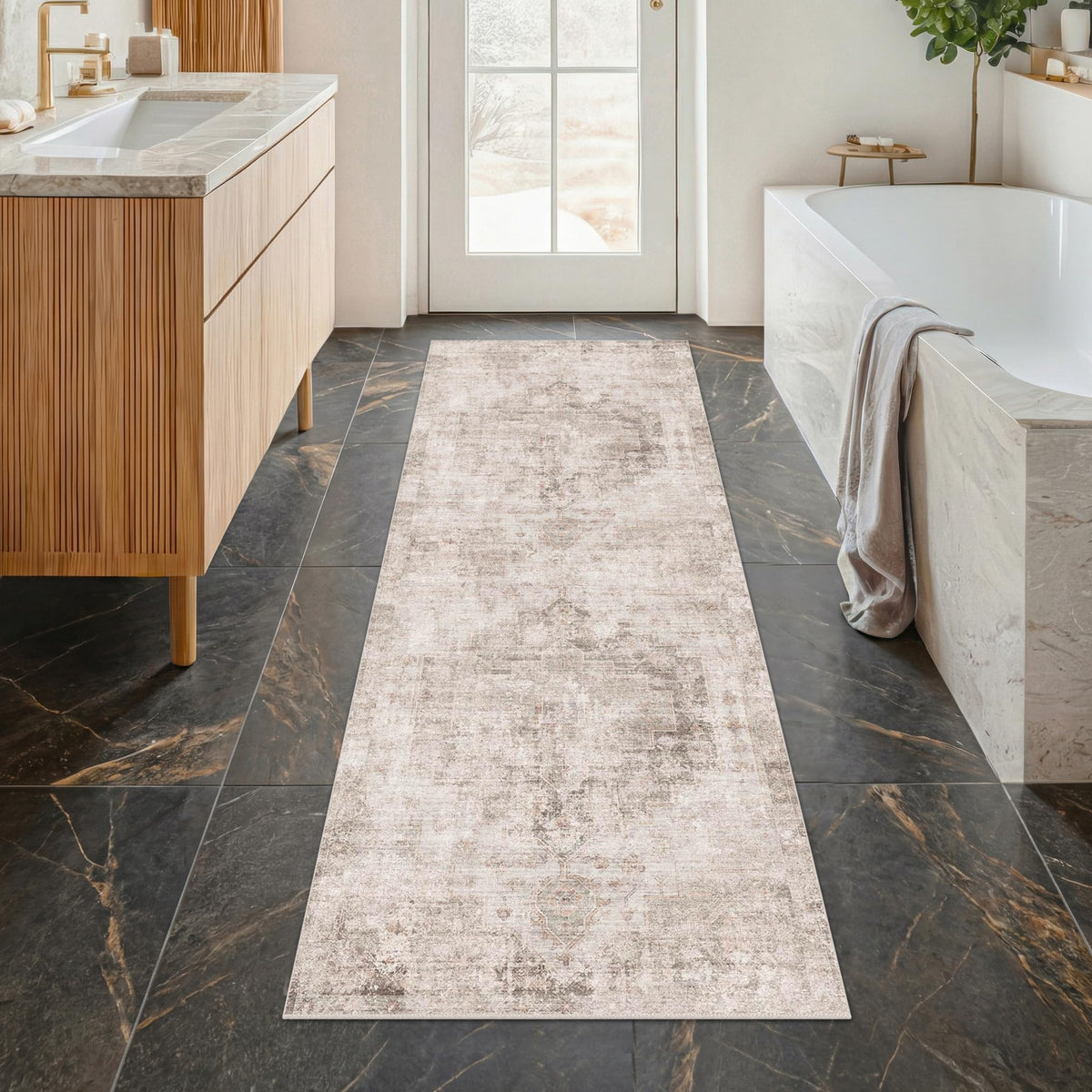 Farmhouse 8x10 Washable Area Rugs for Living Room, Neutral Taupe Brown Abstract Rug for Dining Room and Bedroom, Soft Foldable Low Pile Carpet, Stain Resistant Non-Slip Backing, Distressed Design
