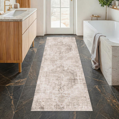 Farmhouse 8x10 Washable Area Rugs for Living Room, Neutral Taupe Brown Abstract Rug for Dining Room and Bedroom, Soft Foldable Low Pile Carpet, Stain Resistant Non-Slip Backing, Distressed Design