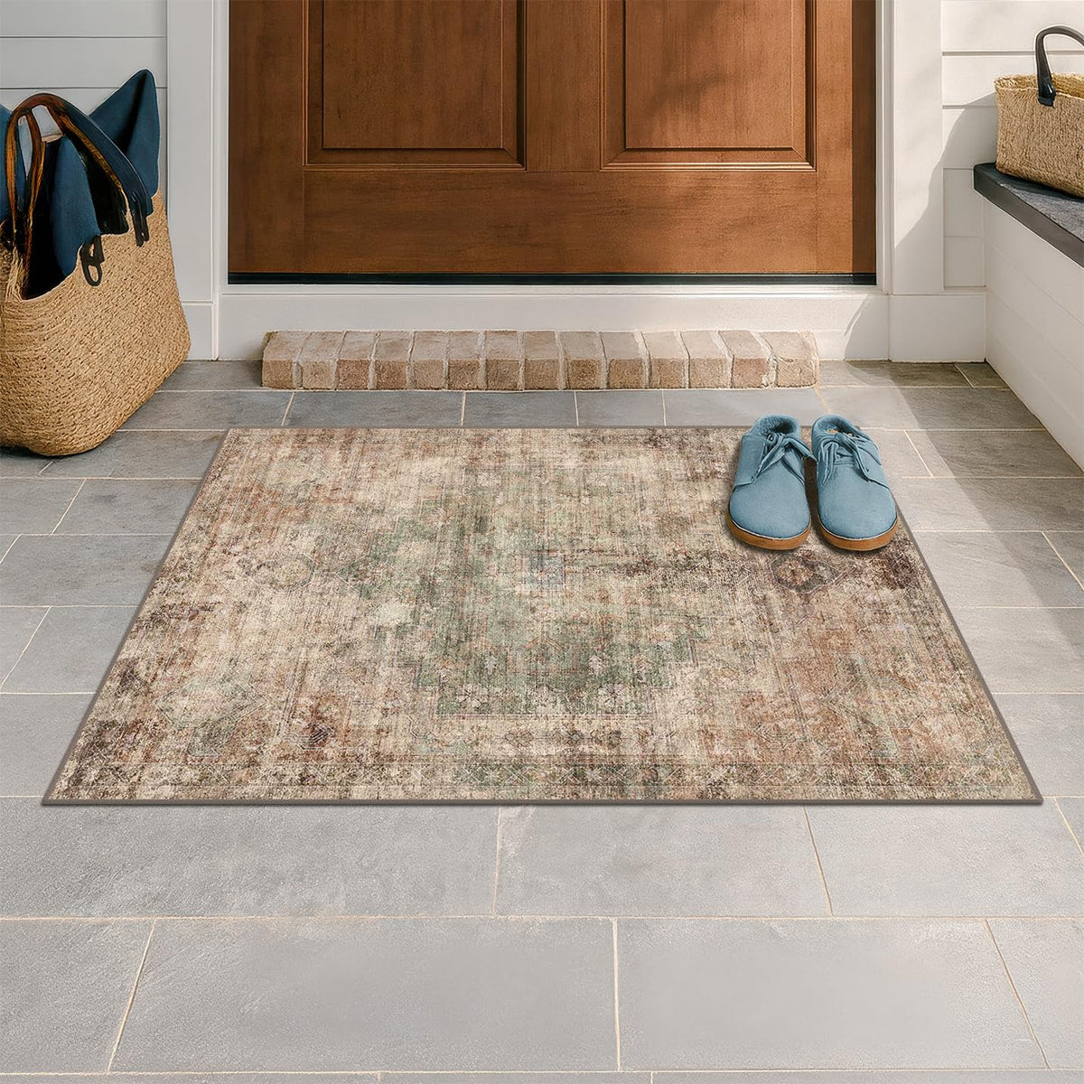 Farmhouse 8x10 Washable Area Rugs for Living Room, Neutral Taupe Brown Abstract Rug for Dining Room and Bedroom, Soft Foldable Low Pile Carpet, Stain Resistant Non-Slip Backing, Distressed Design