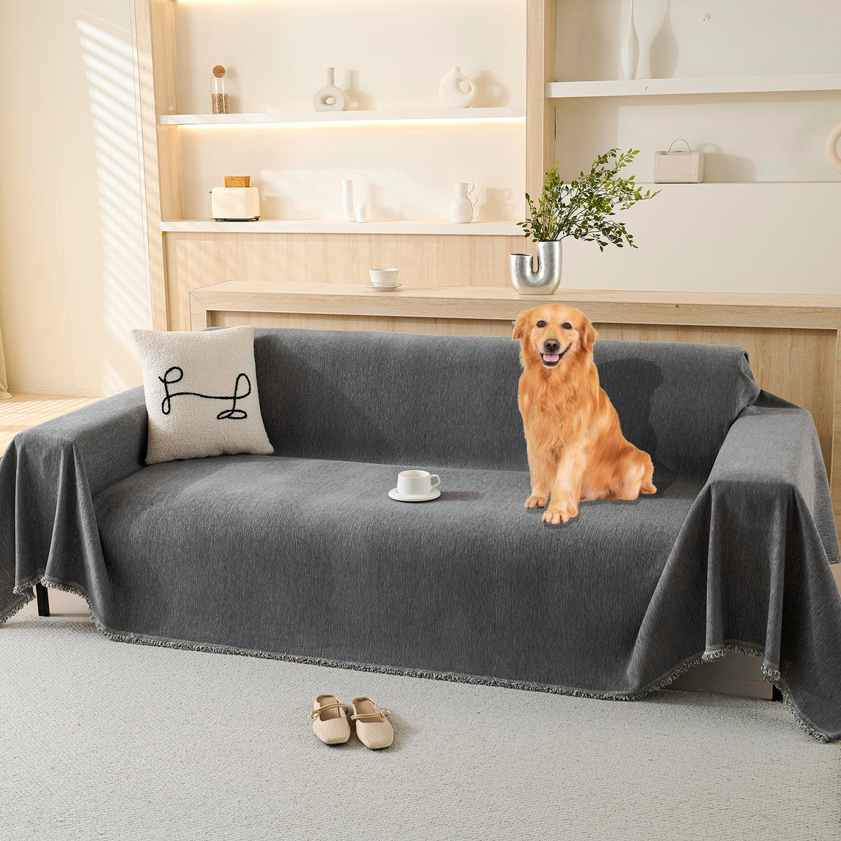 100% Waterproof Couch Cover for Pets Washable Sofa Covers for 3-4 Cushion Couch Sofa SlipCover for Dogs Pet-Friendly Furniture Protector for Living Room with Tassel(71" x 134", Beige)