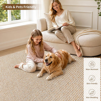Goyuu Area Rug 8x10, Machine Washable Rug, Faux Wool Blend, Natural Ivory