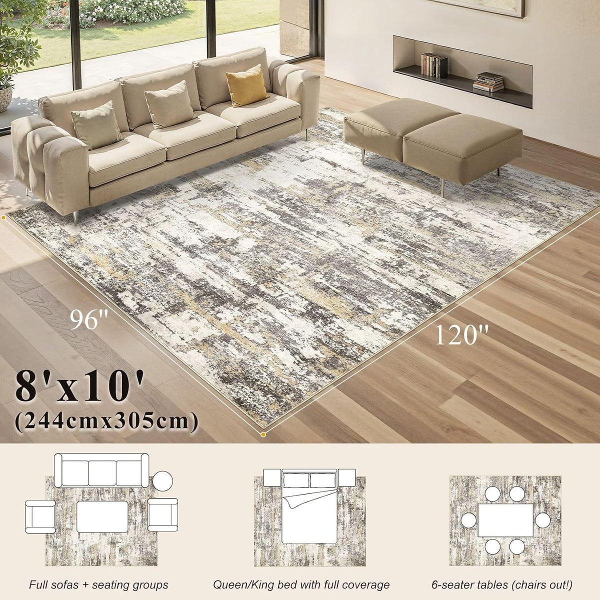 8x10 Area Rugs Living Room Abstract Washable Rug, Gold Brown