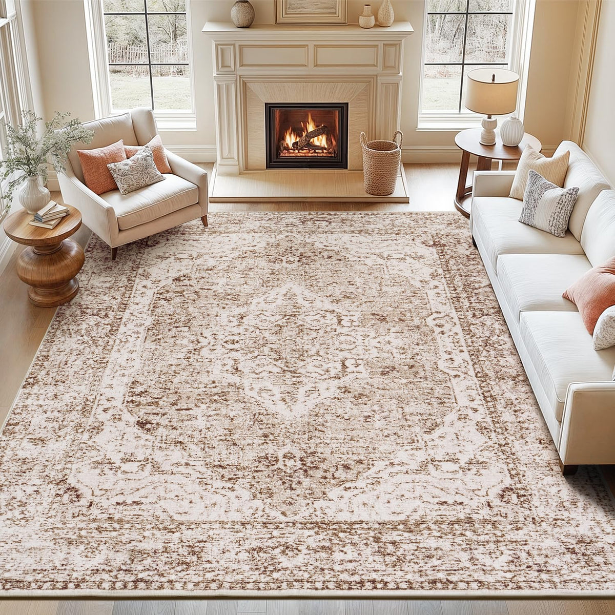 Lofus 8x10 Area Rugs for Living Room Bedroom, Soft Boho Carpet Floral Brown