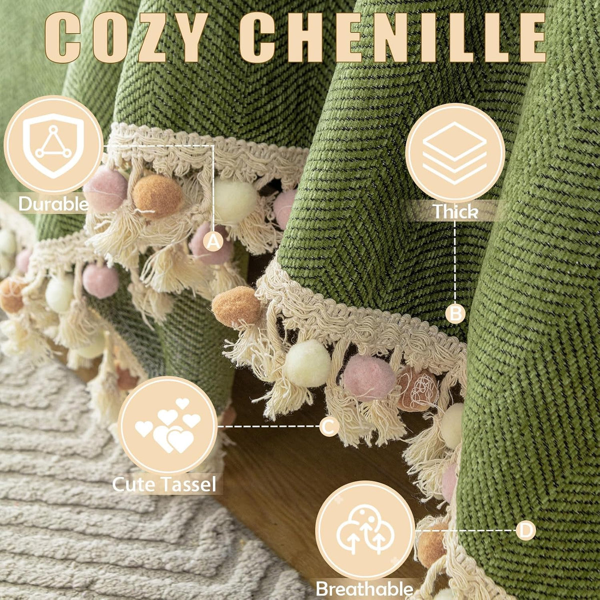 HANDONTIME Green Sofa Cover Vintage Couch Cover for Dogs 91" X150" Couch Cushion Covers with Tassel Herringbone Sofa Cover Boho Sofa Covers for 3 Cushion Couch Chenille Soft Loveseat Sofa Covers