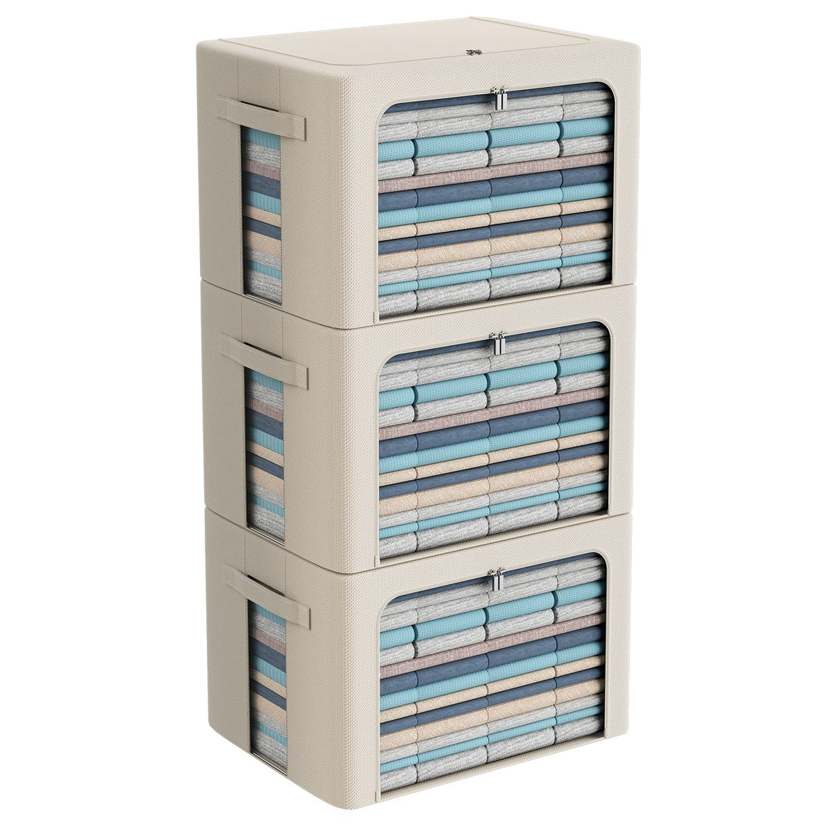 3Pack Frame Storage Box - Clothes Storage Bin Bags Oxford Fabric Foldable Stackable Container Organizer Set with Clear Window & Carry Handles Large Capacity (Beige, Small-22L)