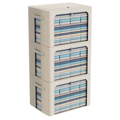 3Pack Frame Storage Box - Clothes Storage Bin Bags Oxford Fabric Foldable Stackable Container Organizer Set with Clear Window & Carry Handles Large Capacity (Beige, Small-22L)