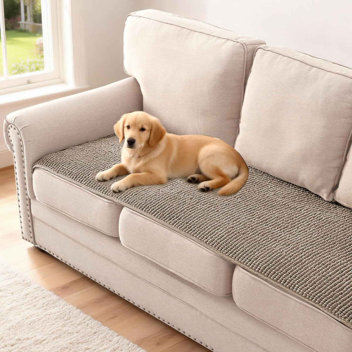 H.VERSAILTEX Plush Chenille Dog Bed Cover Thick Soft Sofa Cover for 3 Cushion Couch Anti Slip Couch Cover Furniture Protector for Dog, Pet, Cat (35" x 82", Ivory)