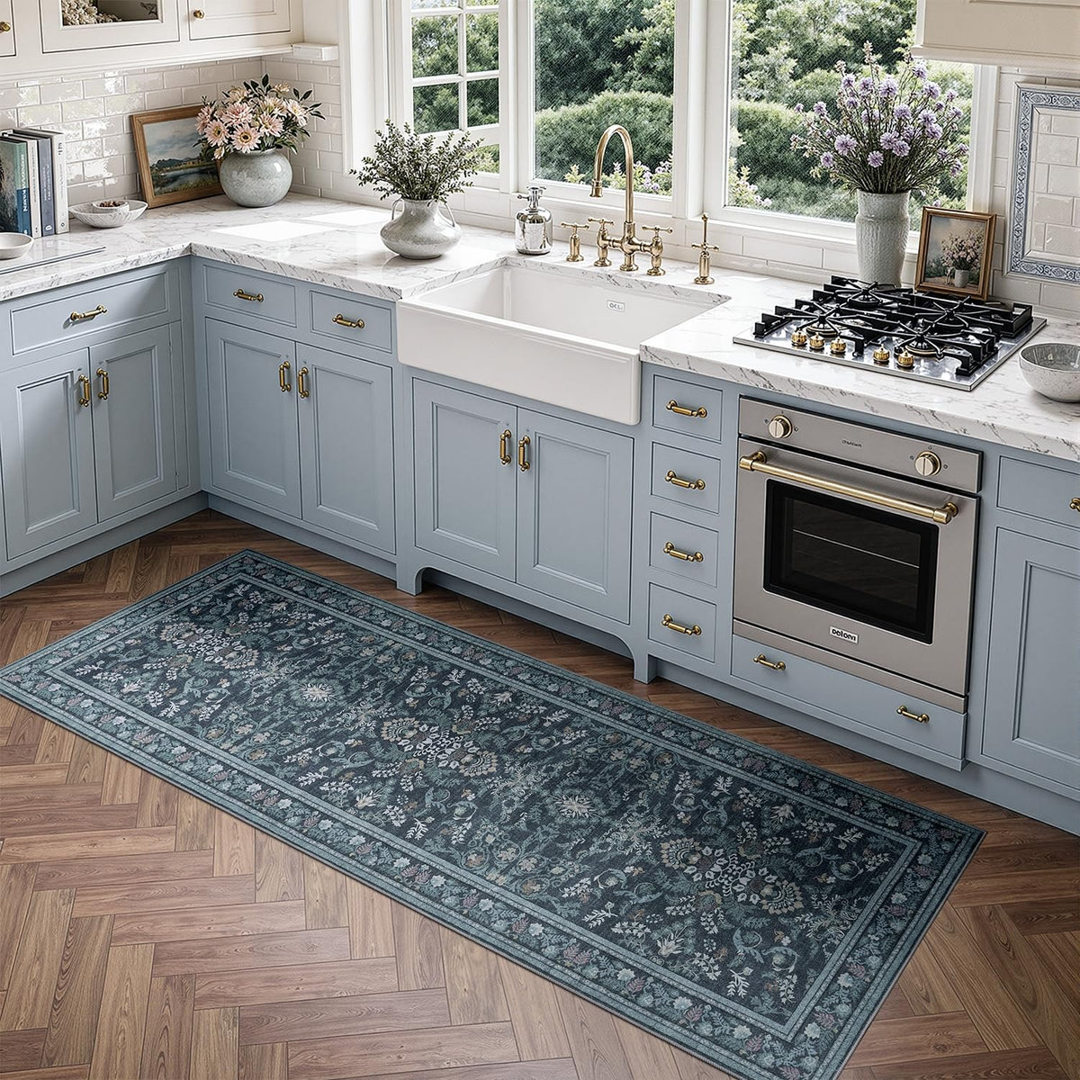 DCX 8x10 Area Rug Living Room: Washable Botanical Carpet Blue and Green