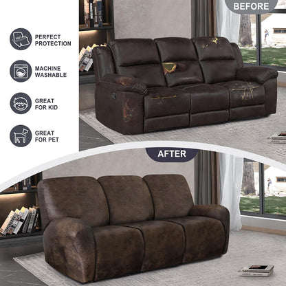 ANARACHON Leather Look Recliner Couch Cover, 8-Pieces Stretch Recliner Sofa Covers, Soft Reclining Slipcover, Washable Furniture Protector for Pets (3 Seater, Brown)