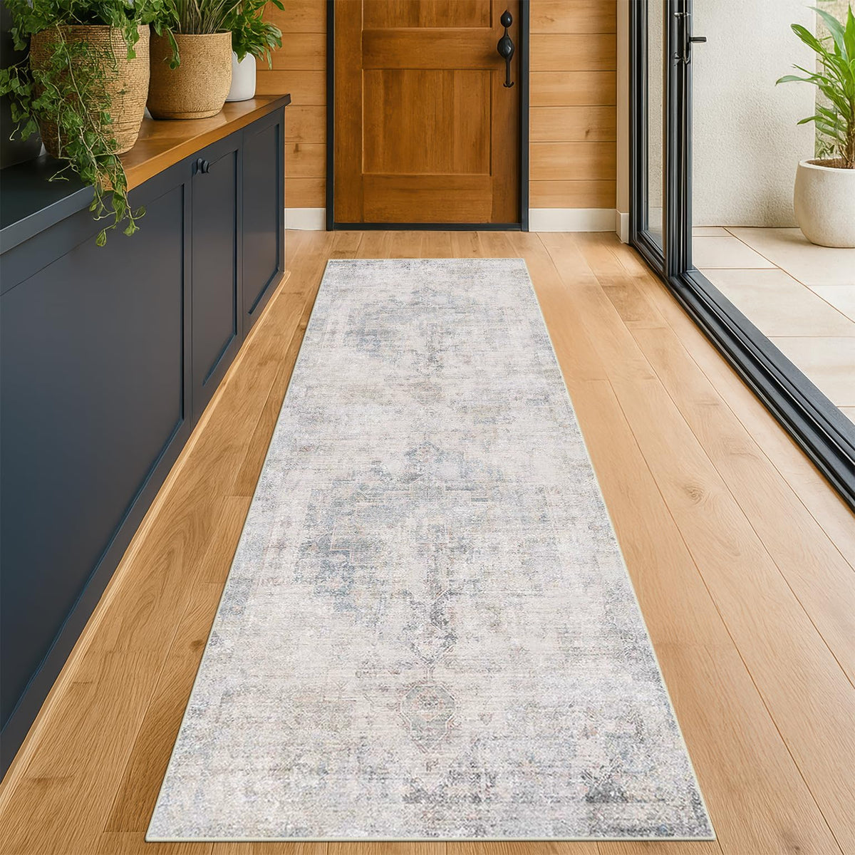 Farmhouse 8x10 Washable Area Rugs for Living Room, Neutral Taupe Brown Abstract Rug for Dining Room and Bedroom, Soft Foldable Low Pile Carpet, Stain Resistant Non-Slip Backing, Distressed Design