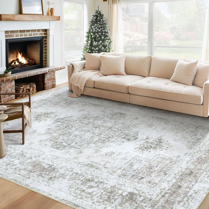 XLUEZ Area Rug 8x10 Living Room Rug, Machine Washable Vintage Distressed Medallion Rug Non-Slip Soft Low Pile Large Indoor Rugs for Bedroom Dining Room Office Children's Room (Beige,8'x10')