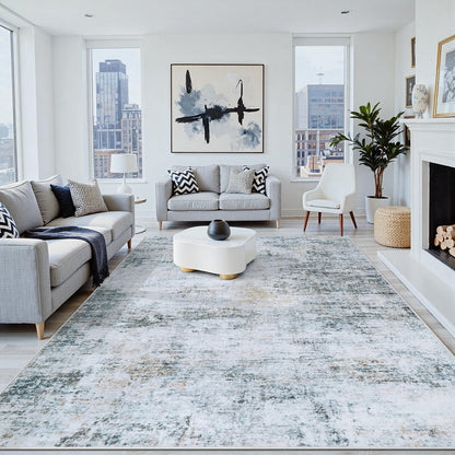 8x10 Washable Area Rug for Living Room Bedroom: Non-Slip Modern White Gray