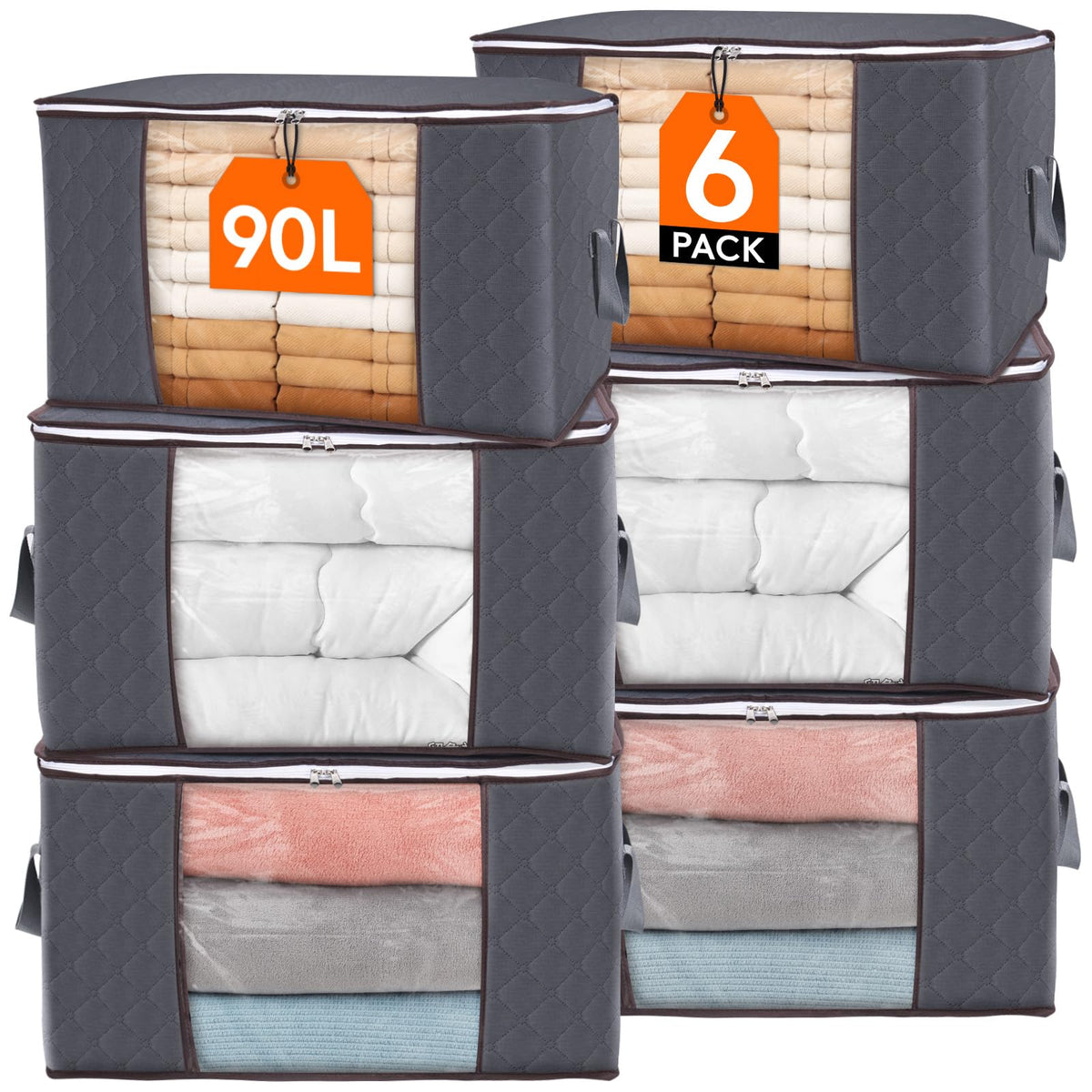 Lifewit 3 Pack 90L Clothes Storage Bins with Lids, Foldable Blanket Storage Bags with Zippers, Clear Window and Reinforced Handles, Closet and Organization for Clothing, Sweater, Comforter, Bedding