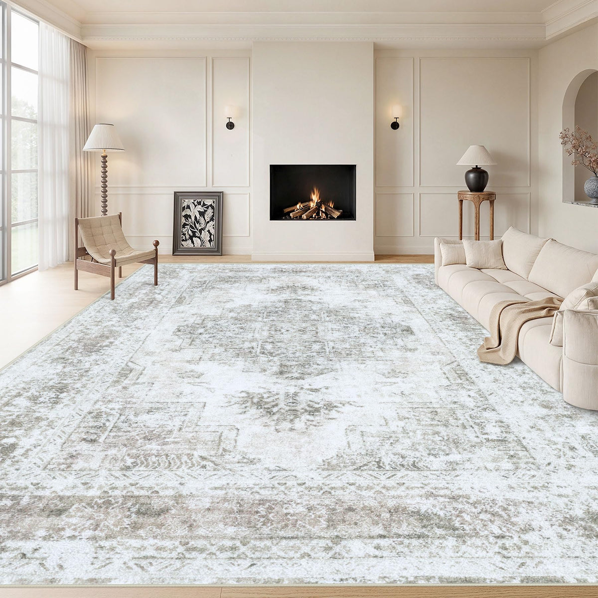 XLUEZ Area Rug 8x10 Living Room Rug, Machine Washable Vintage Distressed Medallion Rug Non-Slip Soft Low Pile Large Indoor Rugs for Bedroom Dining Room Office Children's Room (Beige,8'x10')