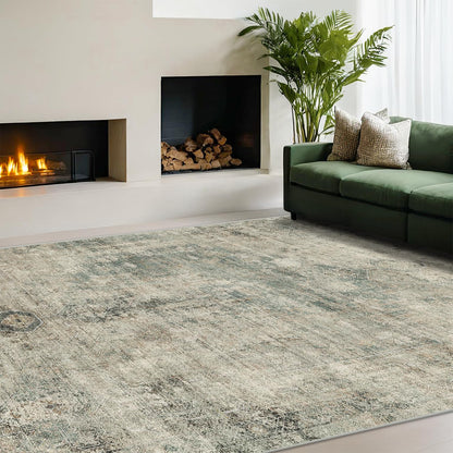 Farmhouse 8x10 Washable Area Rugs for Living Room, Neutral Taupe Brown Abstract Rug for Dining Room and Bedroom, Soft Foldable Low Pile Carpet, Stain Resistant Non-Slip Backing, Distressed Design