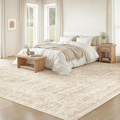Living Room Rugs 8x10: Washable Moroccan Geometric Boho Rug Farmhouse Non Slip Stain Resistant Large Rug Low Pile Soft Carpet for Bedroom Dining Room Children Room (Beige,8'x10')