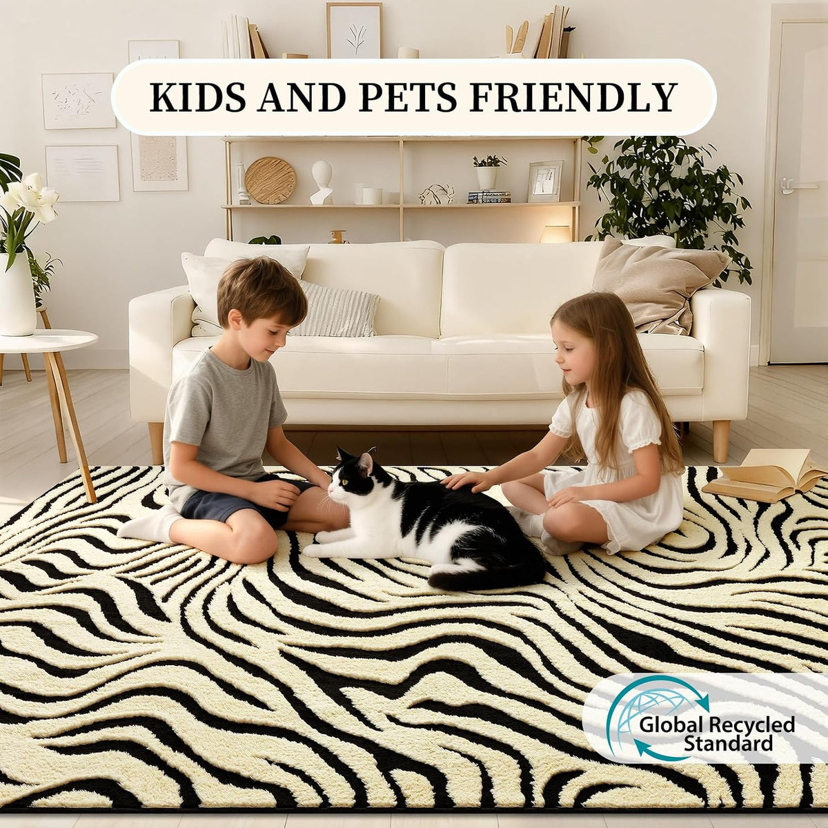 YIHOUSE 5×7 Ft Area Rugs for Living Room: Modern Washable Rug - Abstract Black and Cream White Rug for Bedroom Dining Room Office Playroom Nursery Home Decor - Nonslip Non-Shedding Striped Rugs