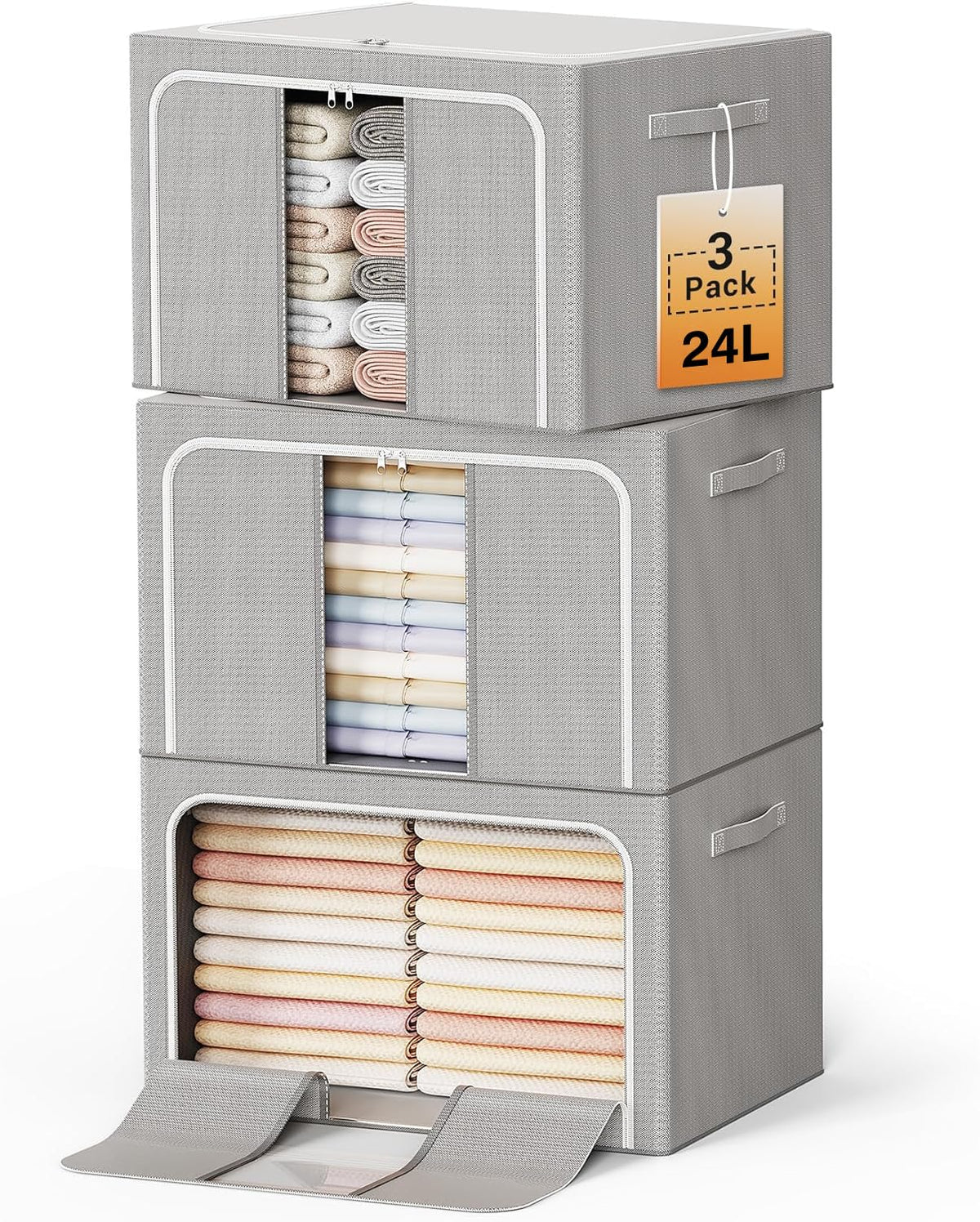 Clothes Storage Bins with Metal Frame, Foldable Clothes Organizers Storage Containers for Clothes, Sheets, Blankets, Pillows and Towels (24L, 3 Pack) Beige