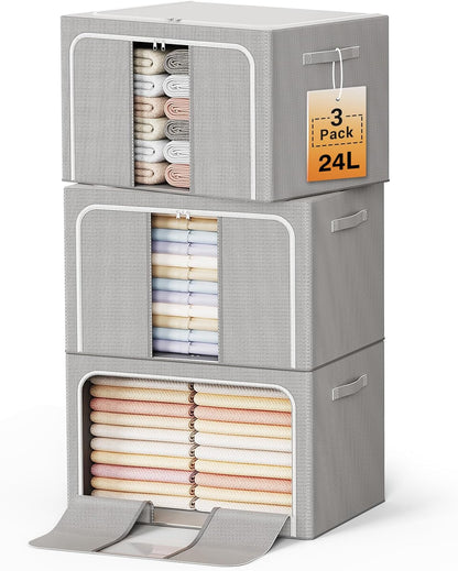 Clothes Storage Bins with Metal Frame, Foldable Clothes Organizers Storage Containers for Clothes, Sheets, Blankets, Pillows and Towels (24L, 3 Pack) Beige