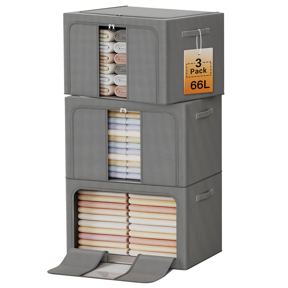 Clothes Storage Bins with Metal Frame, Foldable Clothes Organizers Storage Containers for Clothes, Sheets, Blankets, Pillows and Towels (24L, 3 Pack) Beige