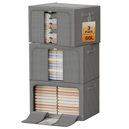 Clothes Storage Bins with Metal Frame, Foldable Clothes Organizers Storage Containers for Clothes, Sheets, Blankets, Pillows and Towels (24L, 3 Pack) Beige