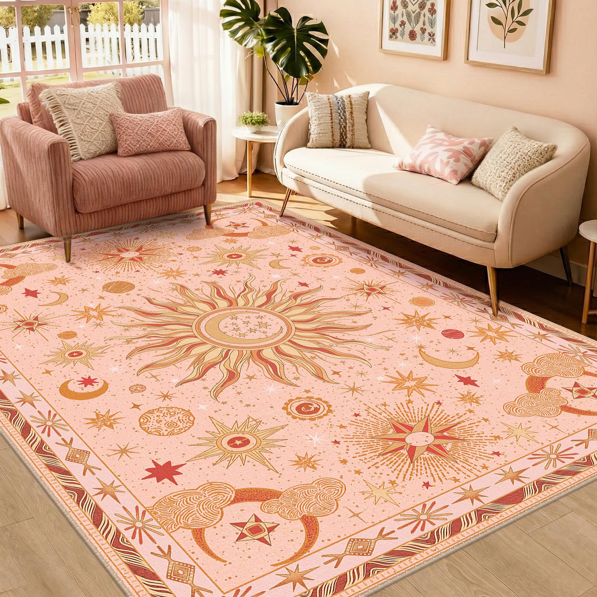 Vacuum-Friendly, 8x10 Washable Area Rug, Black Gold Beige Red