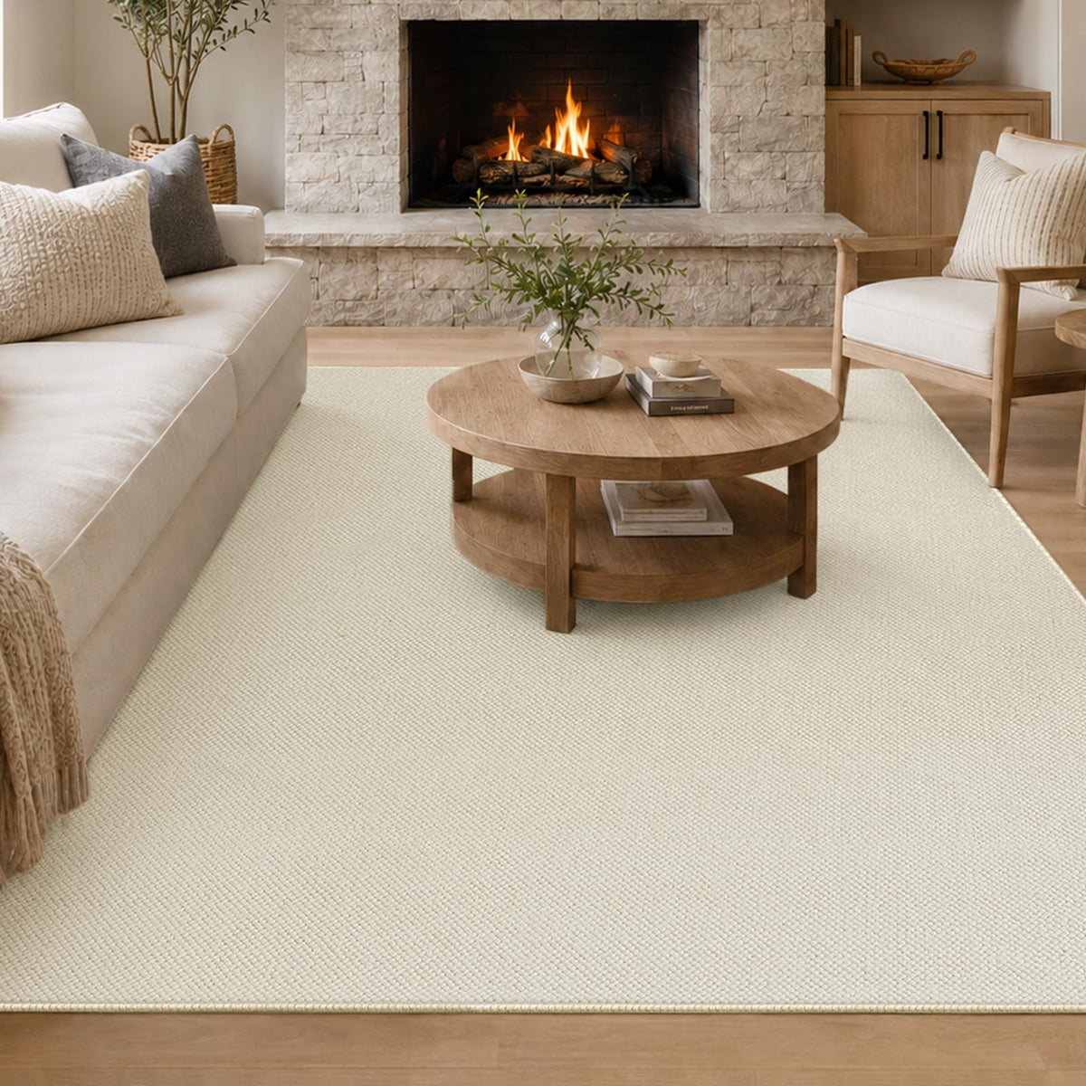 Goyuu Area Rug 8x10, Machine Washable Rug, Faux Wool Blend, Natural Ivory