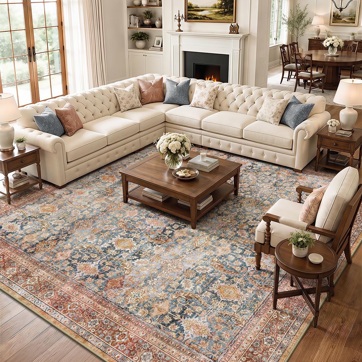 8x10 Area Rugs for Living Room - Washable Vintage Retro Large Rug, Soft Ultra Thin Non Slip Low Pile Traditional Distressed Boho Carpet for Bedroom Dining Room Home Office, Charcoal Olive