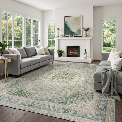DCX 8x10 Area Rug Living Room: Washable Botanical Carpet Blue and Green