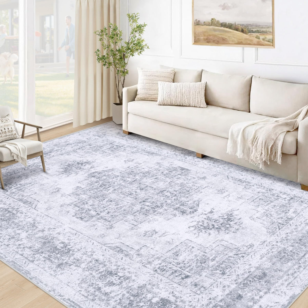 XLUEZ Area Rug 8x10 Living Room Rug, Machine Washable Vintage Distressed Medallion Rug Non-Slip Soft Low Pile Large Indoor Rugs for Bedroom Dining Room Office Children's Room (Beige,8'x10')