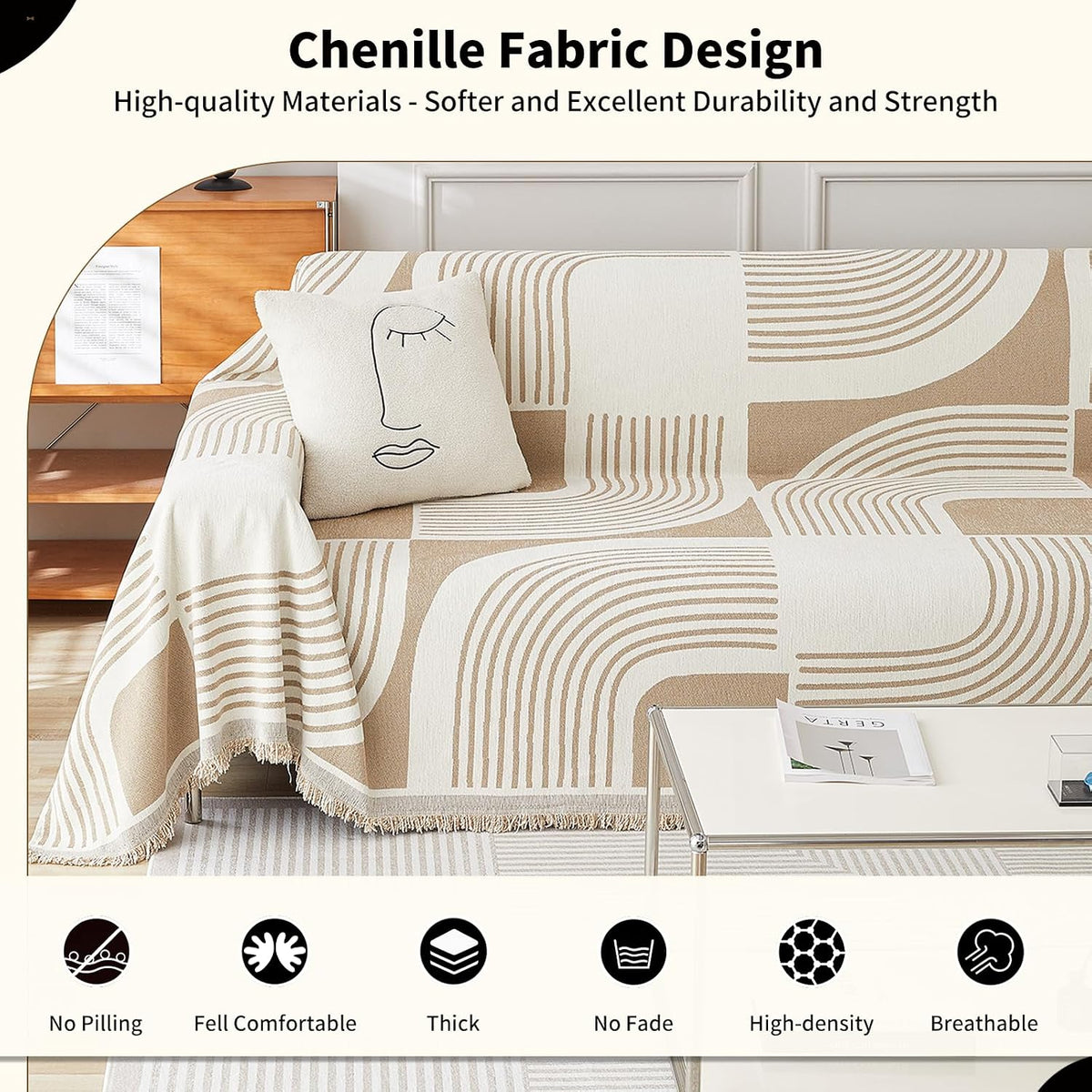 WEYOND Boho Couch Cover, Chenille Sofa Covers Washable, 71" x 102", Khaki