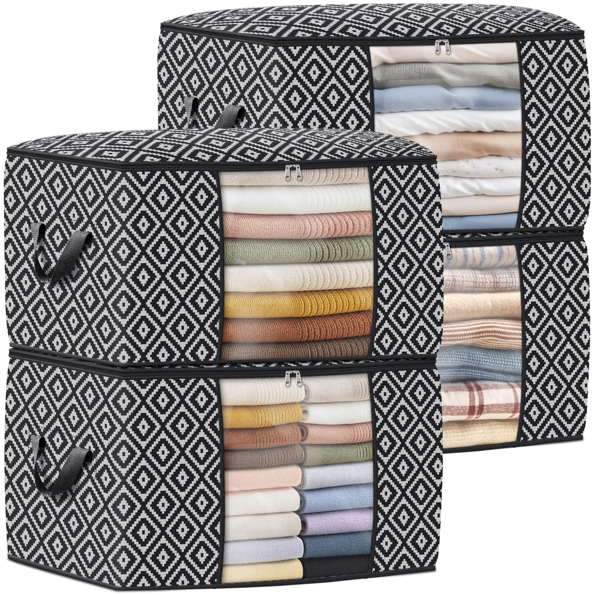 100L 3 Pack Storage Bags, Foldable Clothes Bins with Clear Window, Gray