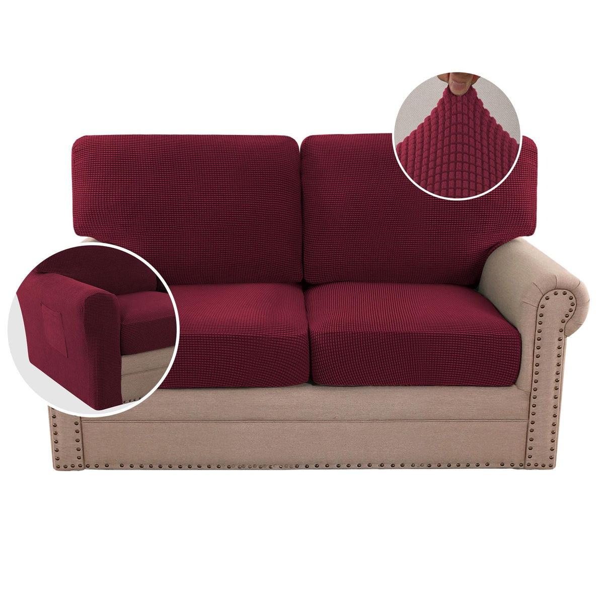 H.VERSAILTEX Multi-Pieces Sofa Covers Stretch Couch Covers Form Fitted Seats and Back Cushions Covers (3 Seat Covers Plus 3 Back Cusion Covers, Bonus 2 Armrest Covers), Sand