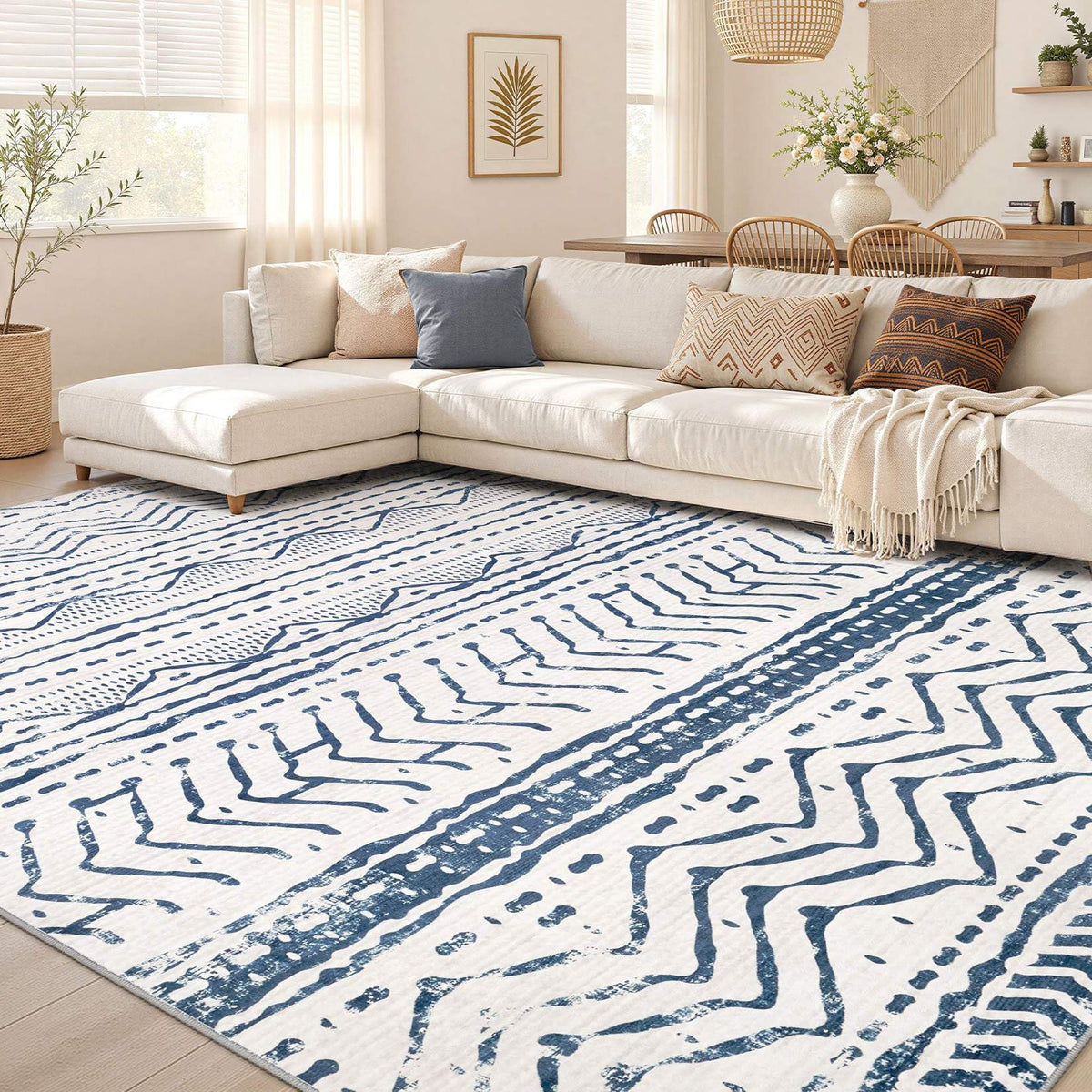 Nakagishi 10X14 Area Rugs for Living Room: Washable Modern Abstract Rug with Non-Slip Silicone Backing Low Pile Soft Carpet for Bedroom & Dining Decor Ideal for Families with Kids and Pets-Brown