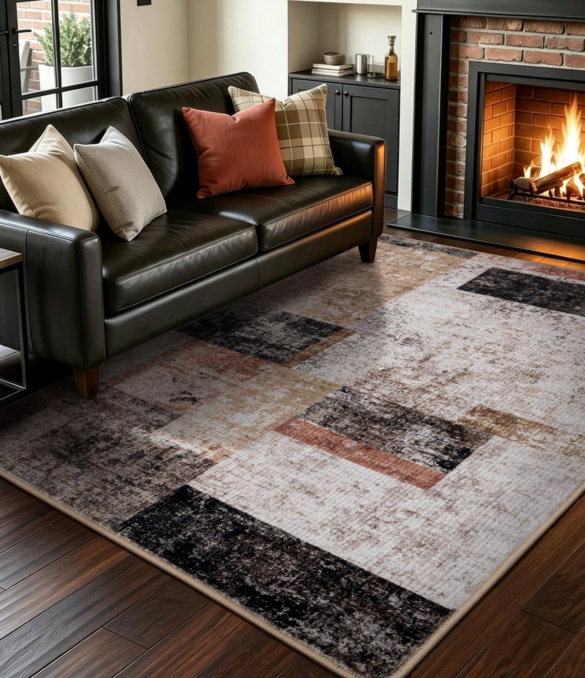 YIHOUSE Brown Modern 5x7 Area Rugs for Living Room, Washable Geometric Patchwork Rug for Bedroom Playroom Non Slip Low Pile, Southwestern Rustic Throw Carpet for Entryway Home Office