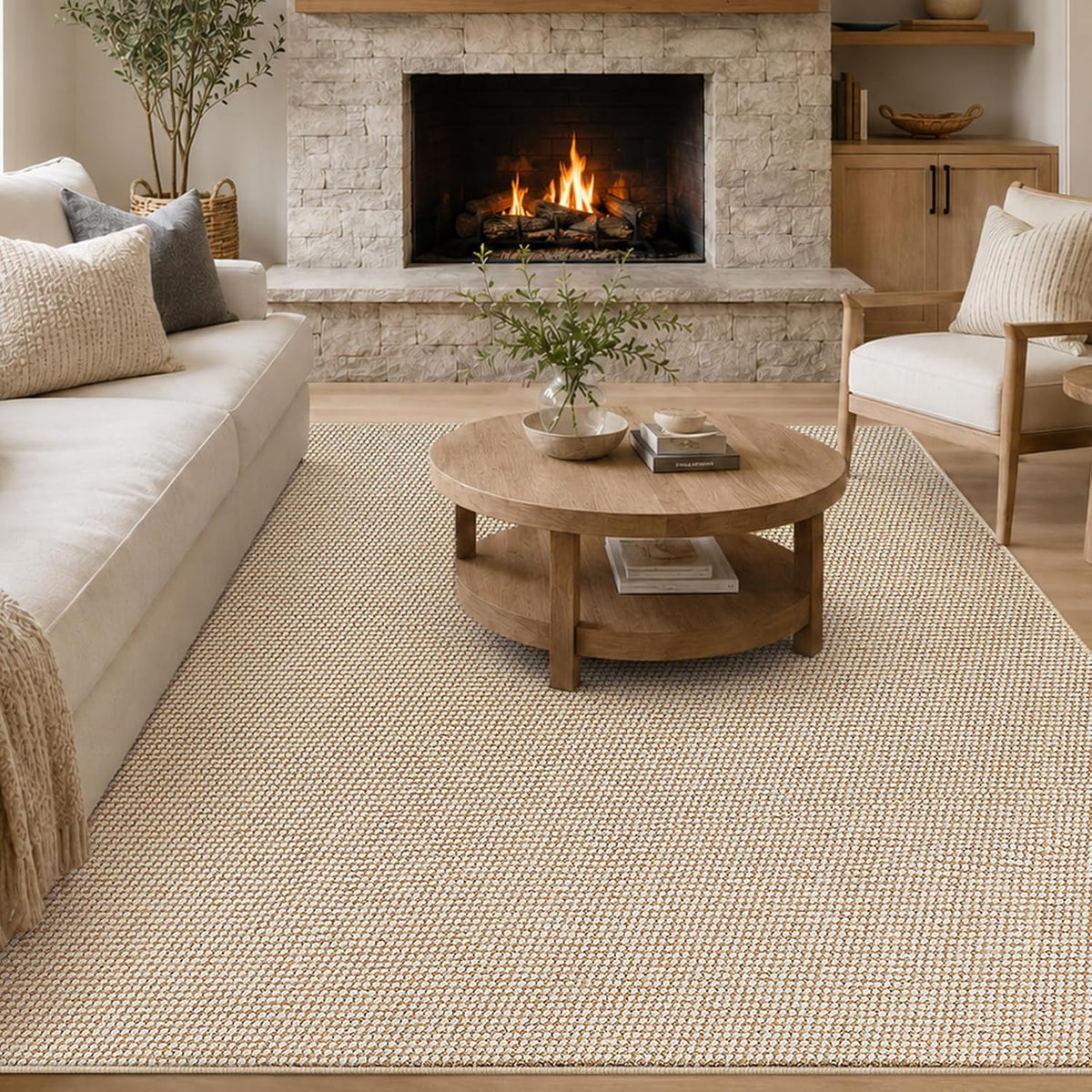 Goyuu Area Rug 8x10, Machine Washable Rug, Faux Wool Blend, Natural Ivory