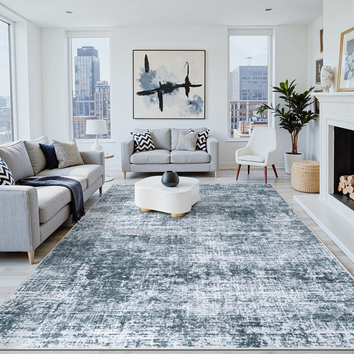 8x10 Washable Area Rug for Living Room Bedroom: Non-Slip Modern White Gray
