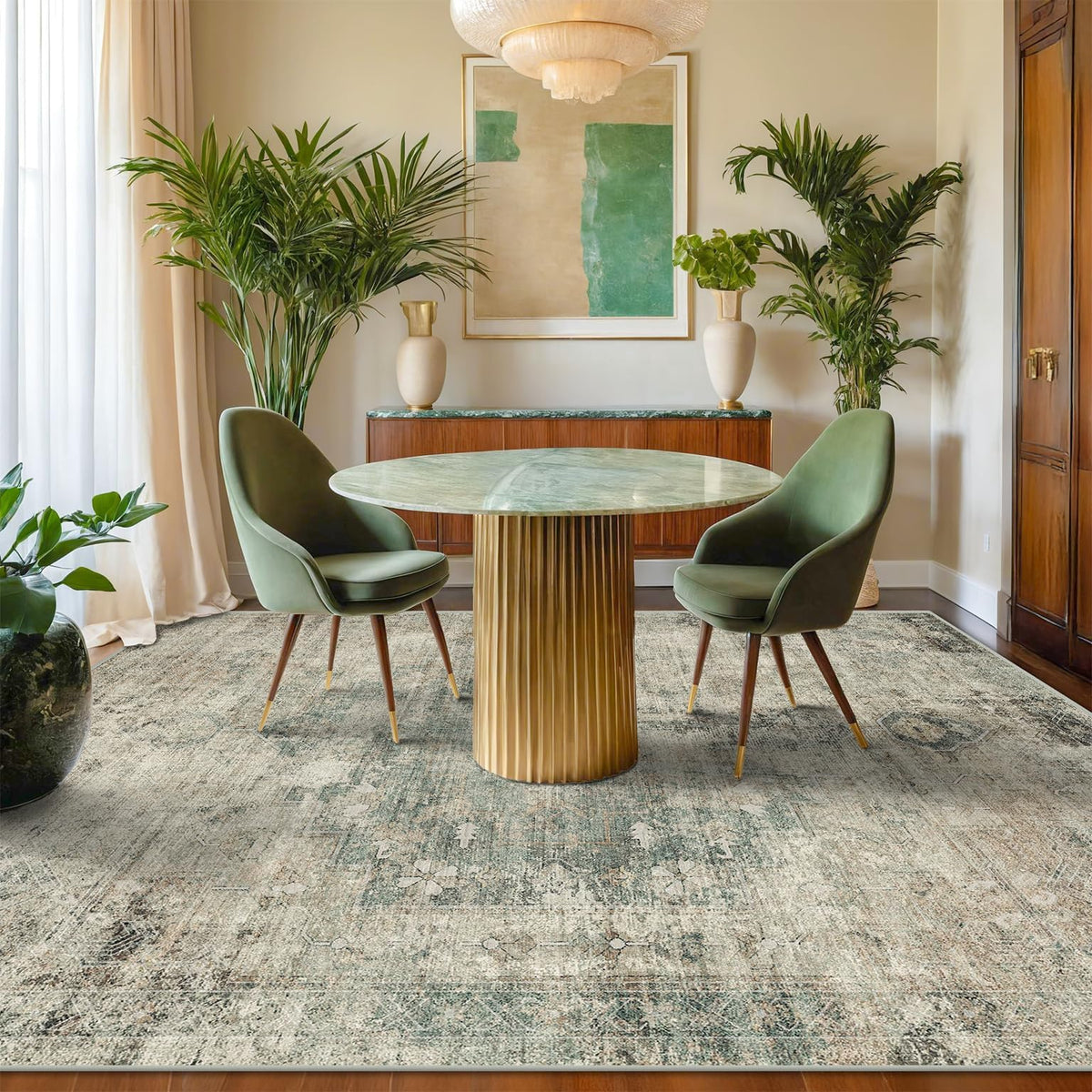 Farmhouse 8x10 Washable Area Rugs for Living Room, Neutral Taupe Brown Abstract Rug for Dining Room and Bedroom, Soft Foldable Low Pile Carpet, Stain Resistant Non-Slip Backing, Distressed Design