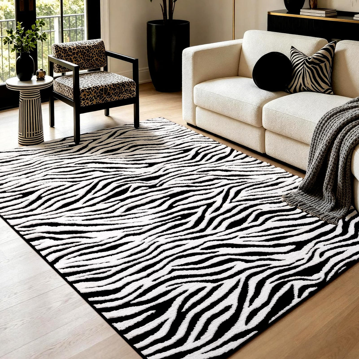 YIHOUSE 5×7 Ft Area Rugs for Living Room: Modern Washable Rug - Abstract Black and Cream White Rug for Bedroom Dining Room Office Playroom Nursery Home Decor - Nonslip Non-Shedding Striped Rugs