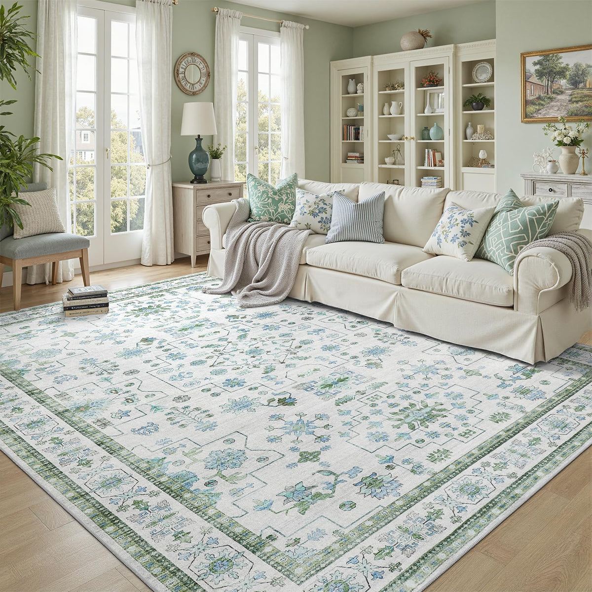 DCX 8x10 Area Rug Living Room: Washable Botanical Carpet Blue and Green