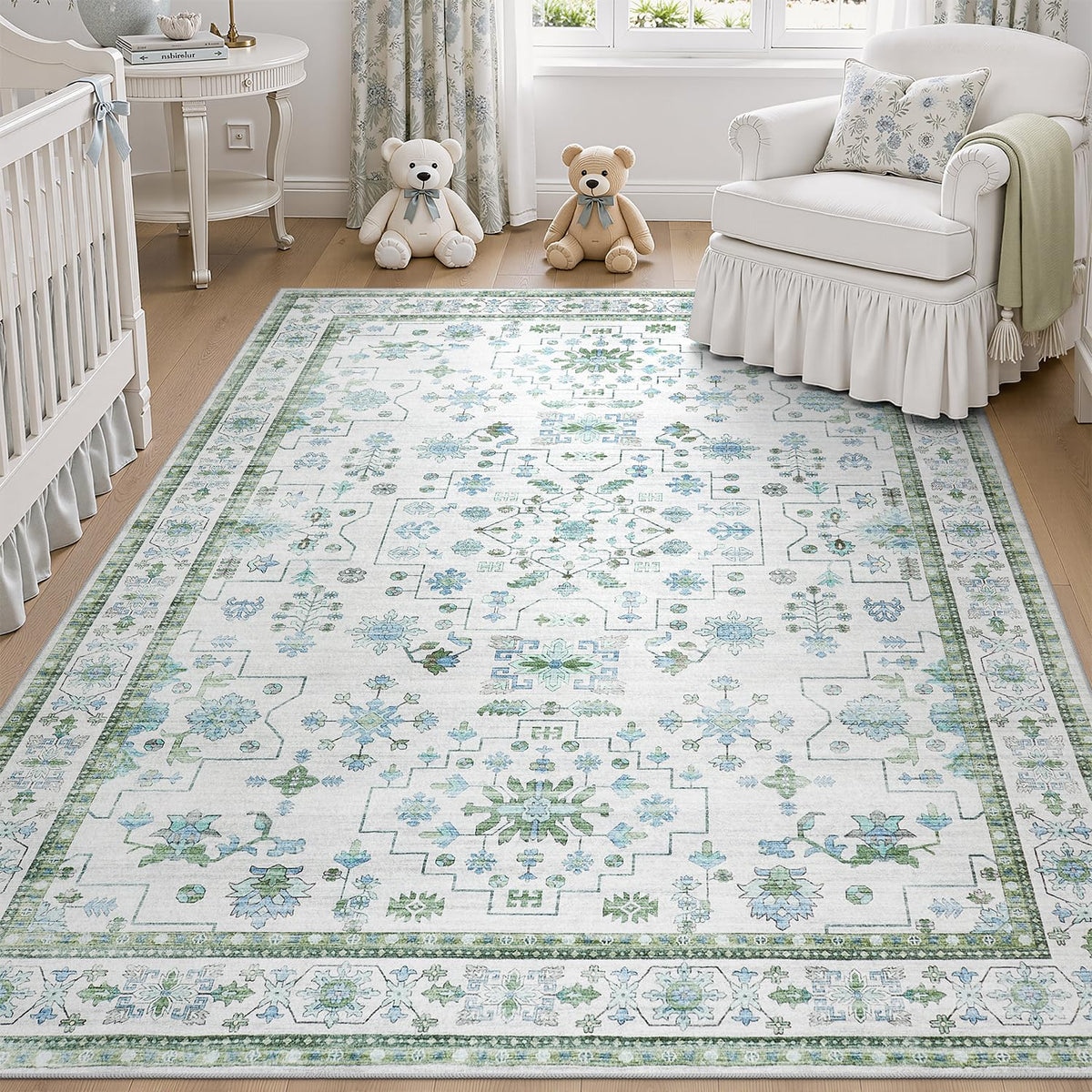DCX 8x10 Area Rug Living Room: Washable Botanical Carpet Blue and Green