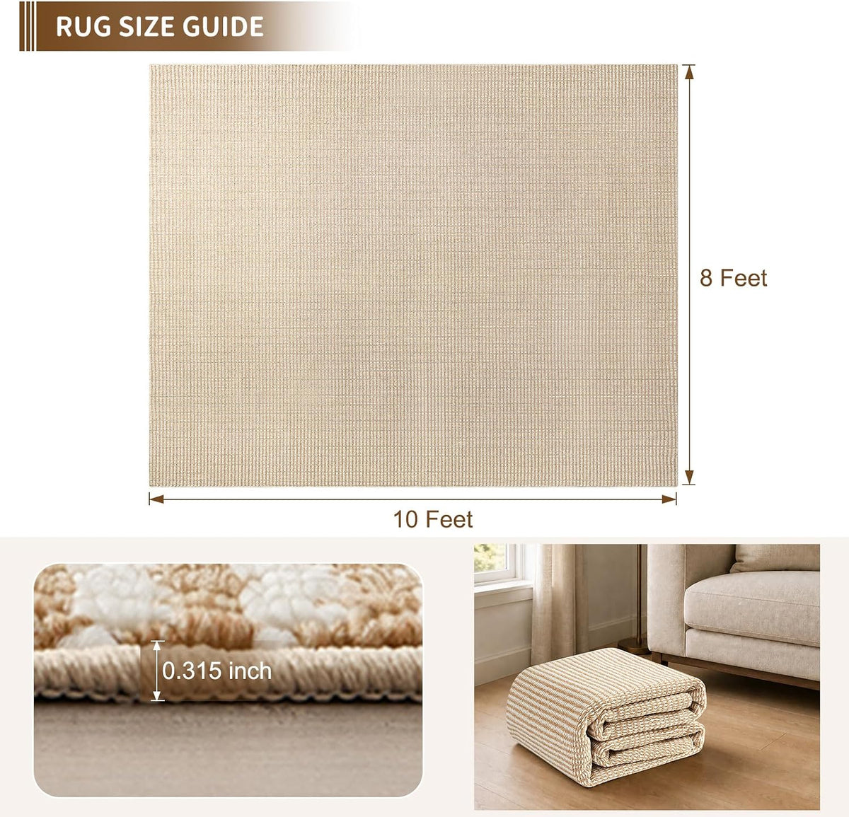 Goyuu Area Rug 8x10, Machine Washable Rug, Faux Wool Blend, Natural Ivory
