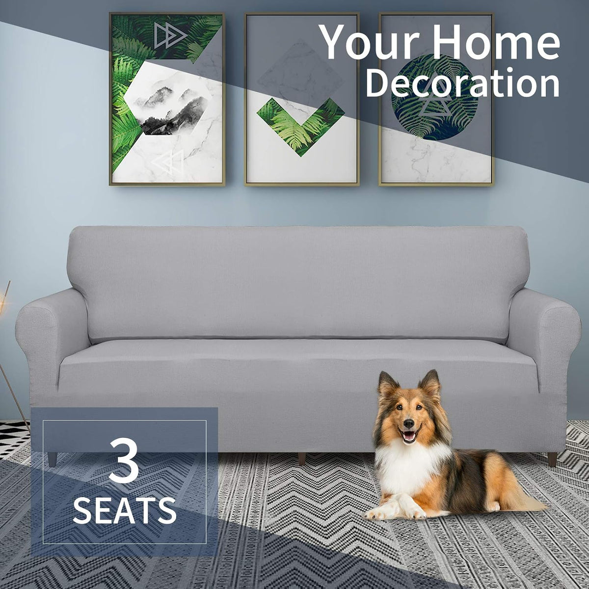 JIVINER High Stretch Couch Covers for 3 Cushion Couch 1-Piece Jacquard Sofa Slipcovers Anti Slip Sofa Cover with Elastic Bottom Furniture Protector for Kids Pets (Sofa, Light Gray and White)
